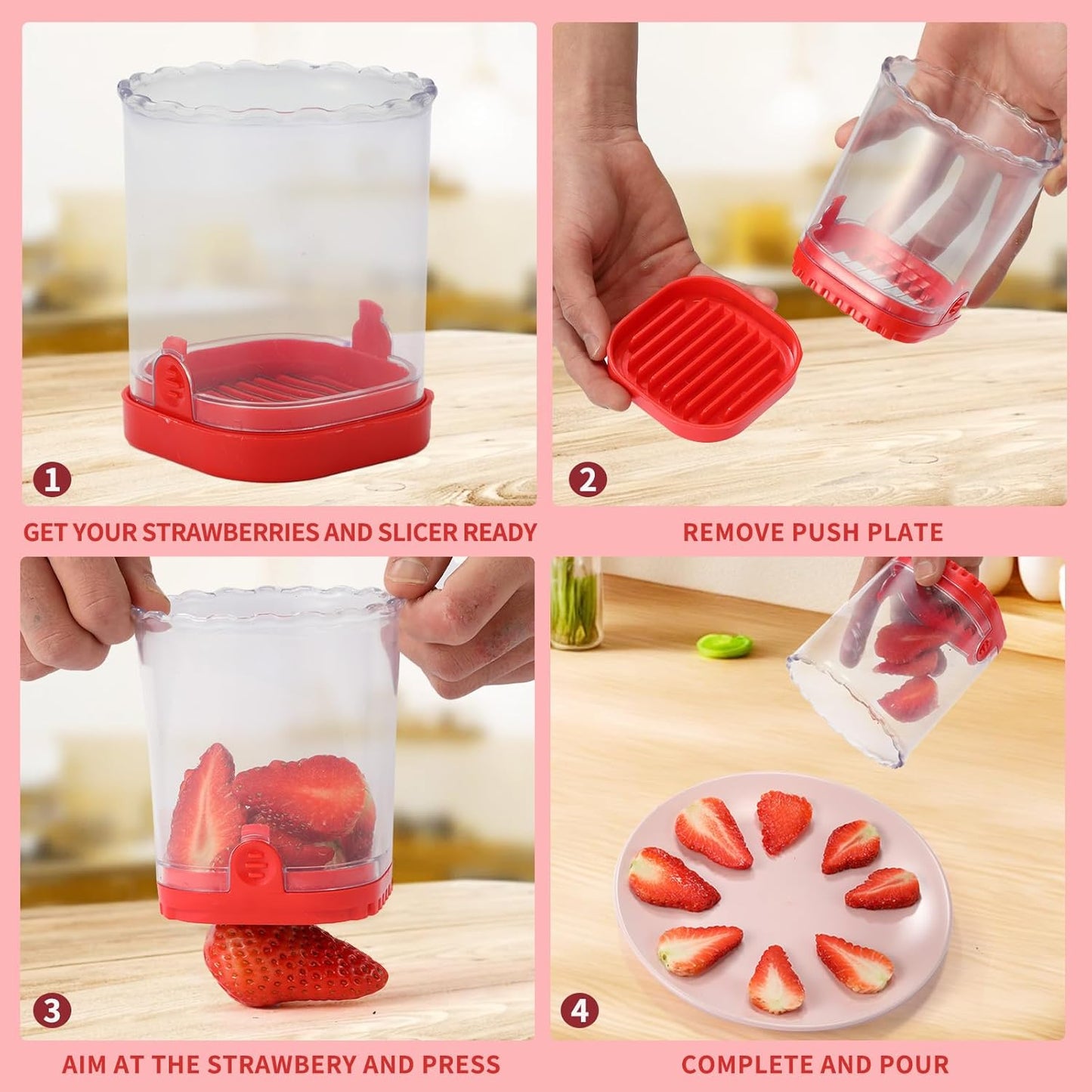 2 Pcs Fruitcup, Strawberry Cutter Slicer Cup, Banana Slicer Egg Slicers Detachable Fruit with Push Plate, Strawberry Cutter Kitchen Gadget (Black & Red) 