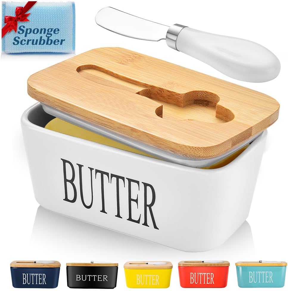 Butter Dish with Lid, Large Butter Container for Countertop, Ceramic Butter Holder for Counter, Butter Tray Butter Keeper with Knife and Sponge Scrubber, Perfect for 2 Sticks of Butter, White