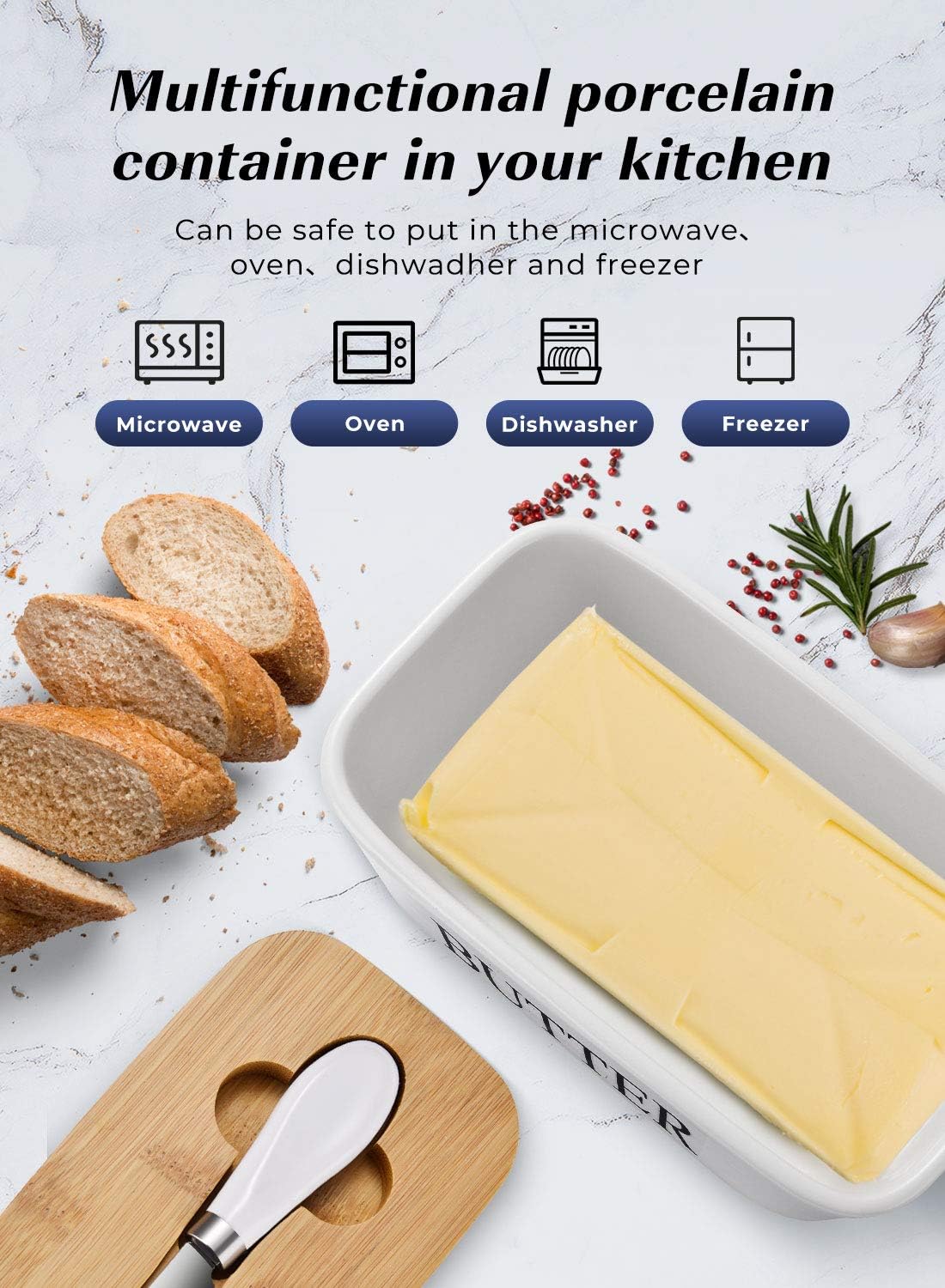 Butter Dish with Lid, Large Butter Container for Countertop, Ceramic Butter Holder for Counter, Butter Tray Butter Keeper with Knife and Sponge Scrubber, Perfect for 2 Sticks of Butter, White