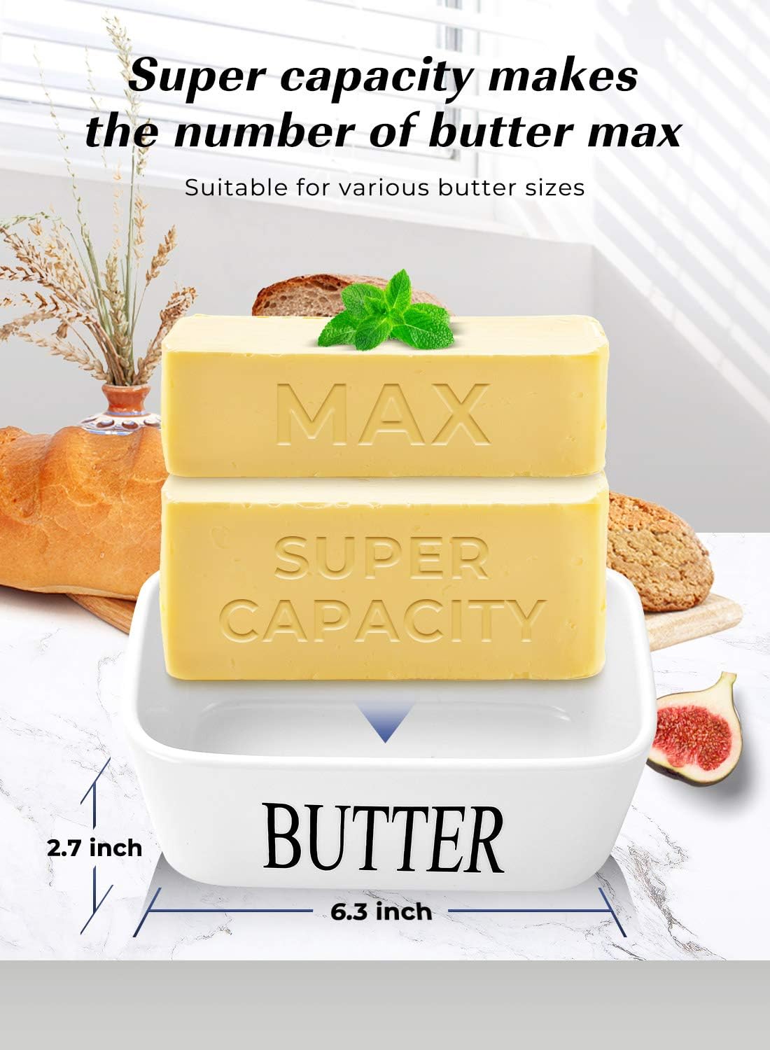 Butter Dish with Lid, Large Butter Container for Countertop, Ceramic Butter Holder for Counter, Butter Tray Butter Keeper with Knife and Sponge Scrubber, Perfect for 2 Sticks of Butter, White