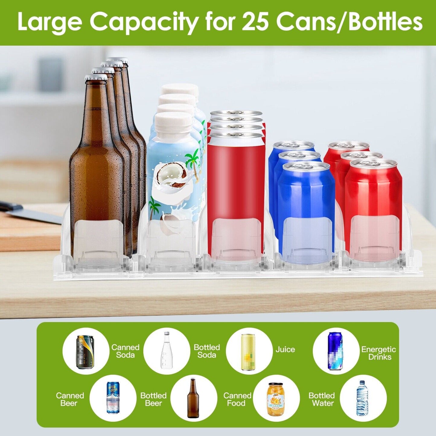 Soda Can Organizer Drink Dispenser Fridge Automatic Pusher Glide Kitchen Pantry