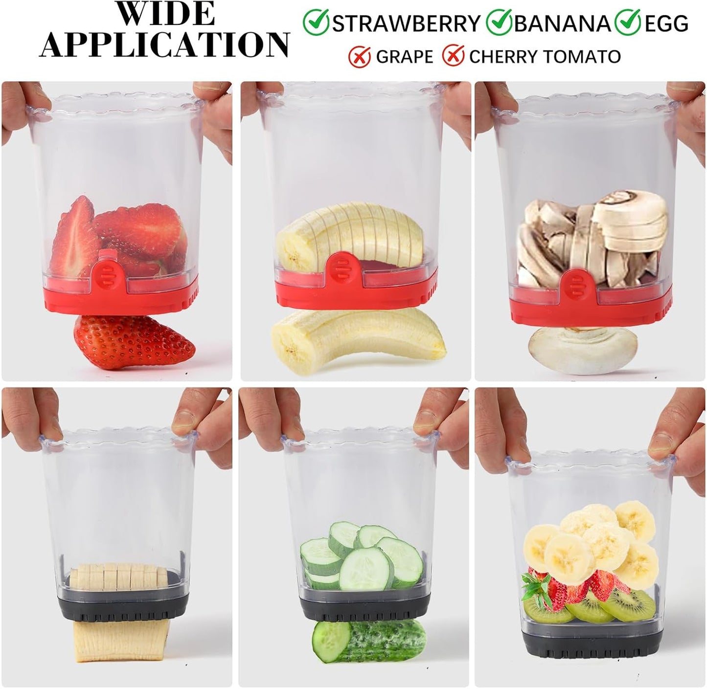 2 Pcs Fruitcup, Strawberry Cutter Slicer Cup, Banana Slicer Egg Slicers Detachable Fruit with Push Plate, Strawberry Cutter Kitchen Gadget (Black & Red) 