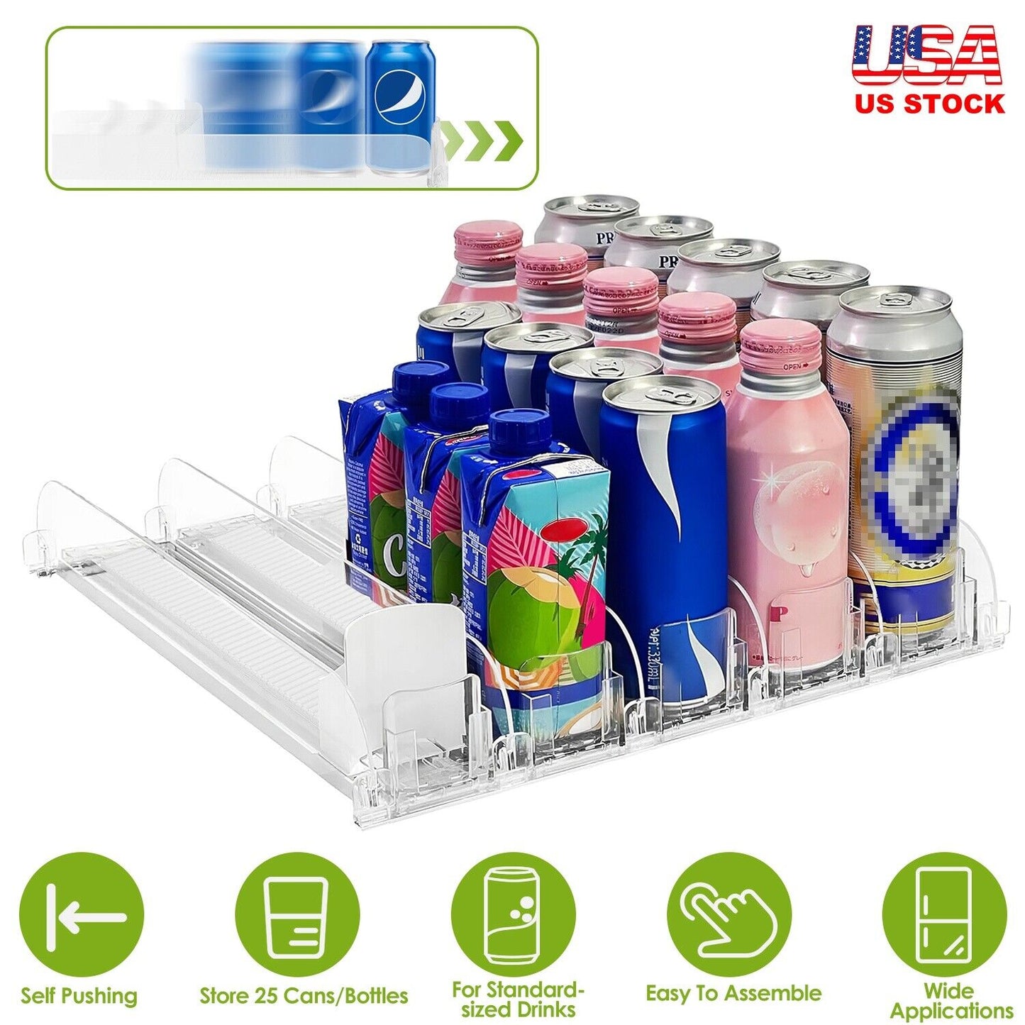 Soda Can Organizer Drink Dispenser Fridge Automatic Pusher Glide Kitchen Pantry