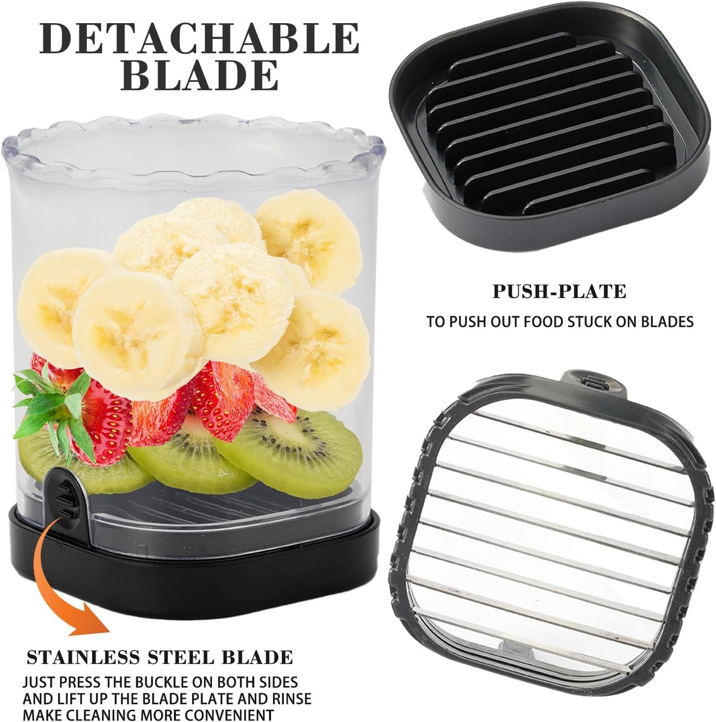 2 Pcs Fruitcup, Strawberry Cutter Slicer Cup, Banana Slicer Egg Slicers Detachable Fruit with Push Plate, Strawberry Cutter Kitchen Gadget (Black & Red) 