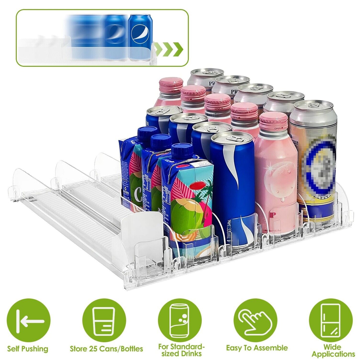 Soda Can Organizer Drink Dispenser Fridge Automatic Pusher Glide Kitchen Pantry