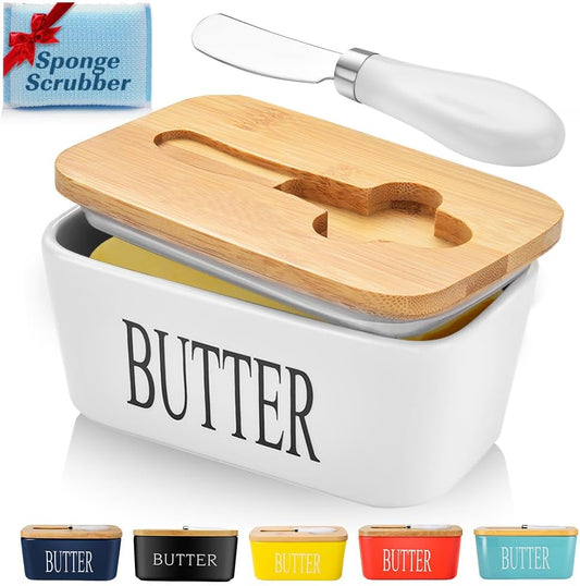 Butter Dish with Lid, Large Butter Container for Countertop, Ceramic Butter Holder for Counter, Butter Tray Butter Keeper with Knife and Sponge Scrubber, Perfect for 2 Sticks of Butter, White
