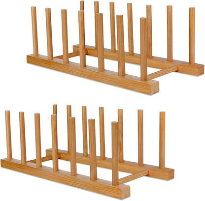 2-Pack Bamboo Dish Rack – Vertical Organizer for Plates, Pots, Bowls & More