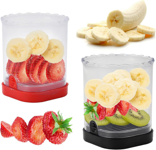 2 Pcs Fruitcup, Strawberry Cutter Slicer Cup, Banana Slicer Egg Slicers Detachable Fruit with Push Plate, Strawberry Cutter Kitchen Gadget (Black & Red) ﻿